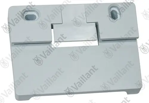 Halter von Vaillant in grauer Farbe mit verschiedenen Ausschnitten und Löchern zur Montage, geeignet für Heiz- oder Klimaanlageninstallationen.